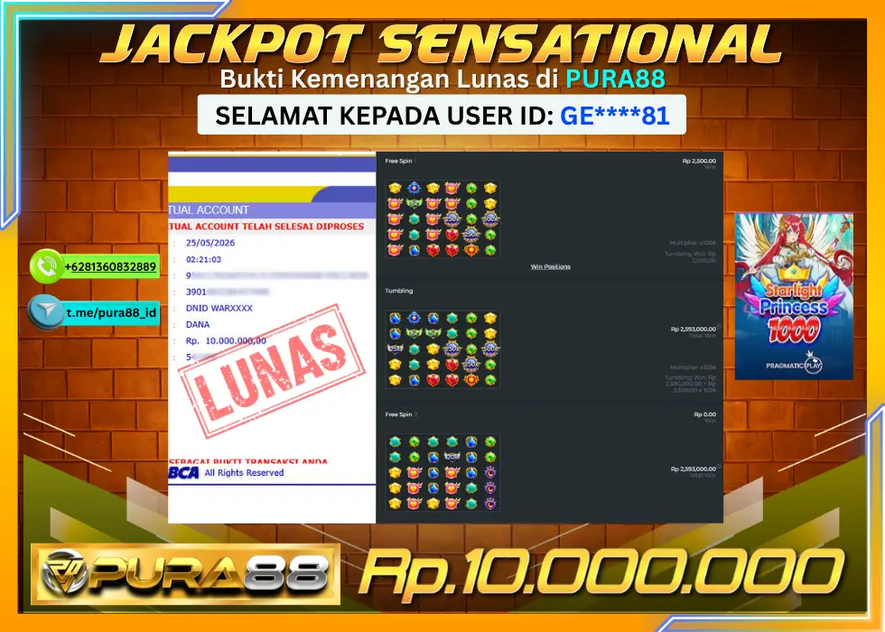 PURA88 JACKPOT STARLIGHT PRINCESS 1000 Rp 10.000.000,- LUNAS